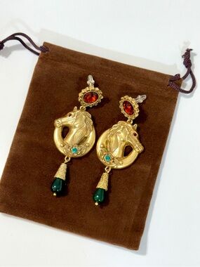 Neiman Marcus Gold Horse Jeweled Drop Earrings NEW